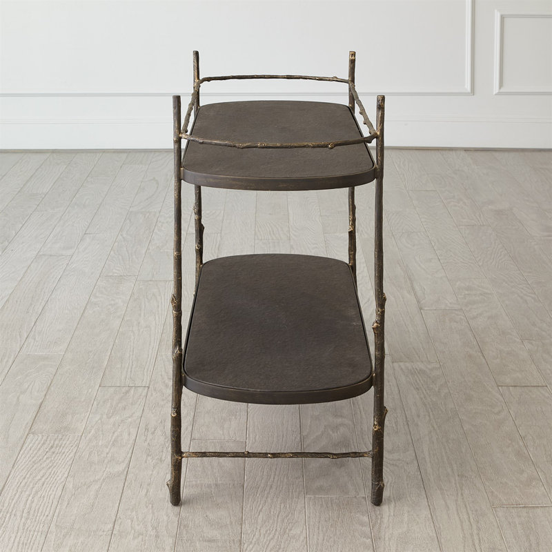 Nature-Inspired Cast Iron and Flamed Granite Bar Cart with Storage