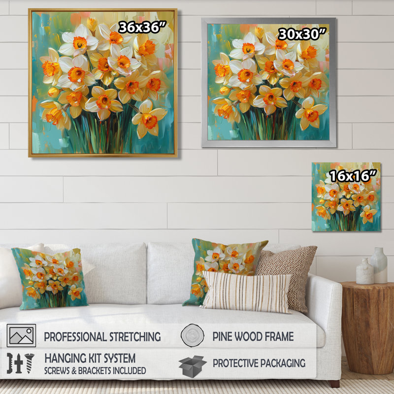 Décoration murale Bloom, orange, nature morte, jonquilles I - Jonquilles, H 16 po x l 16 po, Cadre simple blanc
