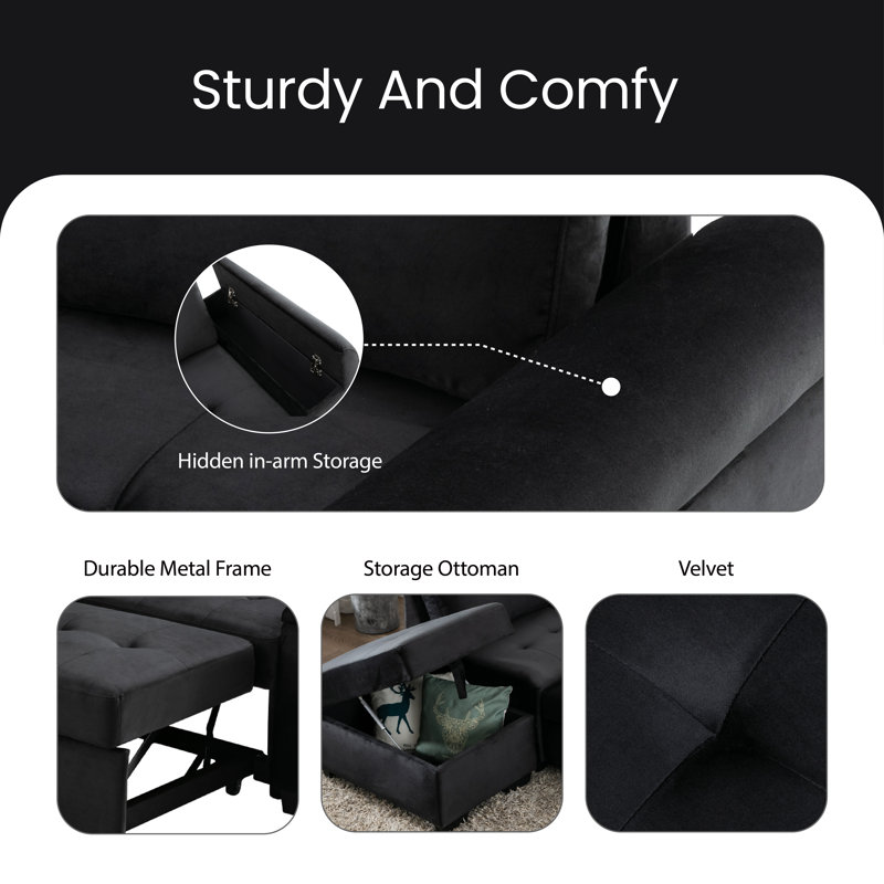 Bundella Upholstered Sectional, Black Velvet