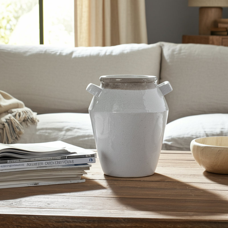 Vase de table moderne en terre cuite pour décoration intérieure, Blanc/Ivoire, Hauteur totale - H 11 po