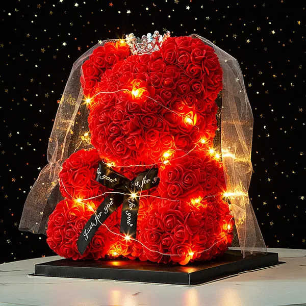 Décoration de mariage Fleur artificielle avec boîte et ours en peluche rose