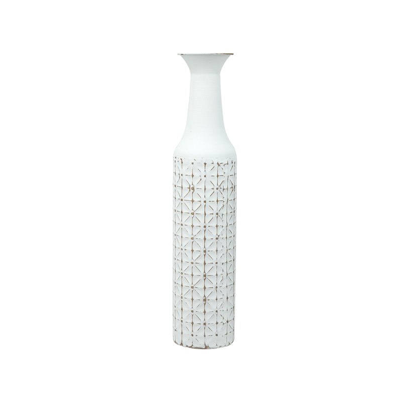 24" H x 5" W x 5" D White Iron Vase With Geometric Motif, 24" H x 5" W x 5" D