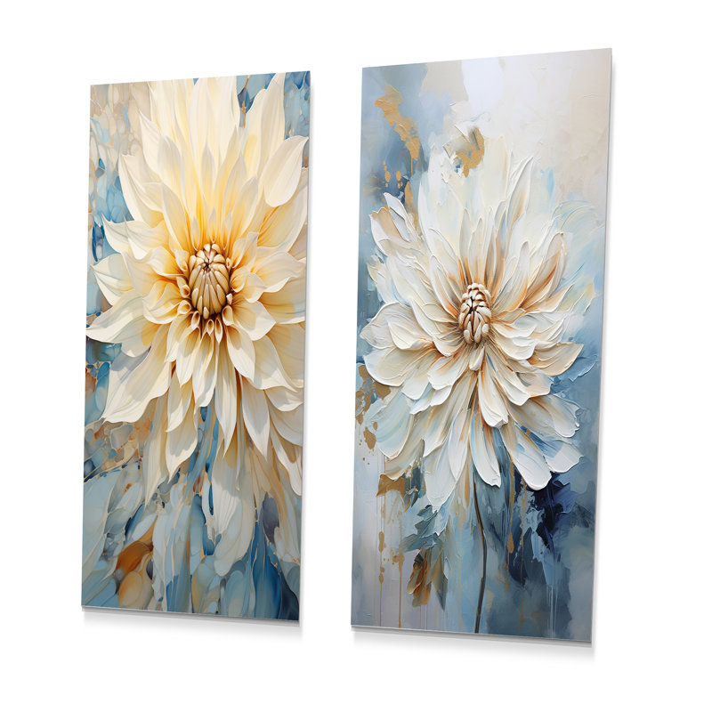 Simple dahlia beige et bleu - ensemble de 2 impressions murales en métal Dahlia, H 28 po x l 24 po