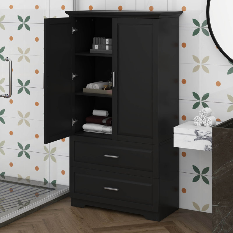 Armoire de rangement pour salle de bain, unité de rangement pour salle de bain, armoire autoportante avec 2 portes et 2 tiroirs, et tablette réglable