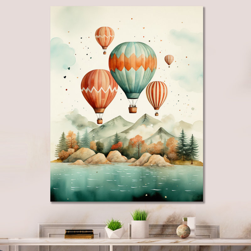 Vol au-dessus de l'océan en montgolfière - Impressions sur toile transport, H 32 po x l 24 po, Encadrement doré