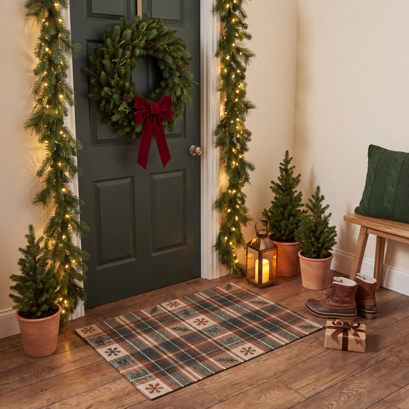 Tapis d'hiver Sile moderne à carreaux orange vert anti-dérapant, Rectangle 7 pi 10 po x 11 pi 6 po