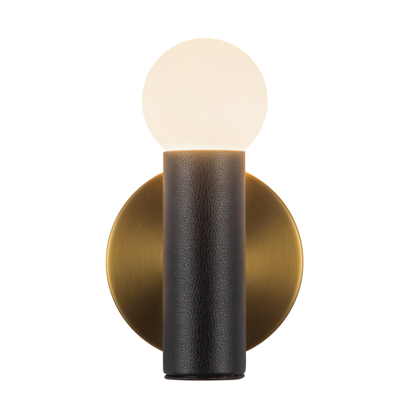 1 - Light Flush Mounted Sconce, Brushed Gold/Black Vegan Leather