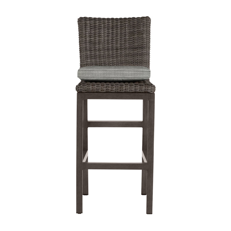 Rustic 30.5" Patio Bar Stool with Cushion, Welt, Slate Gray, Rollo Silver InsideOut® Linen