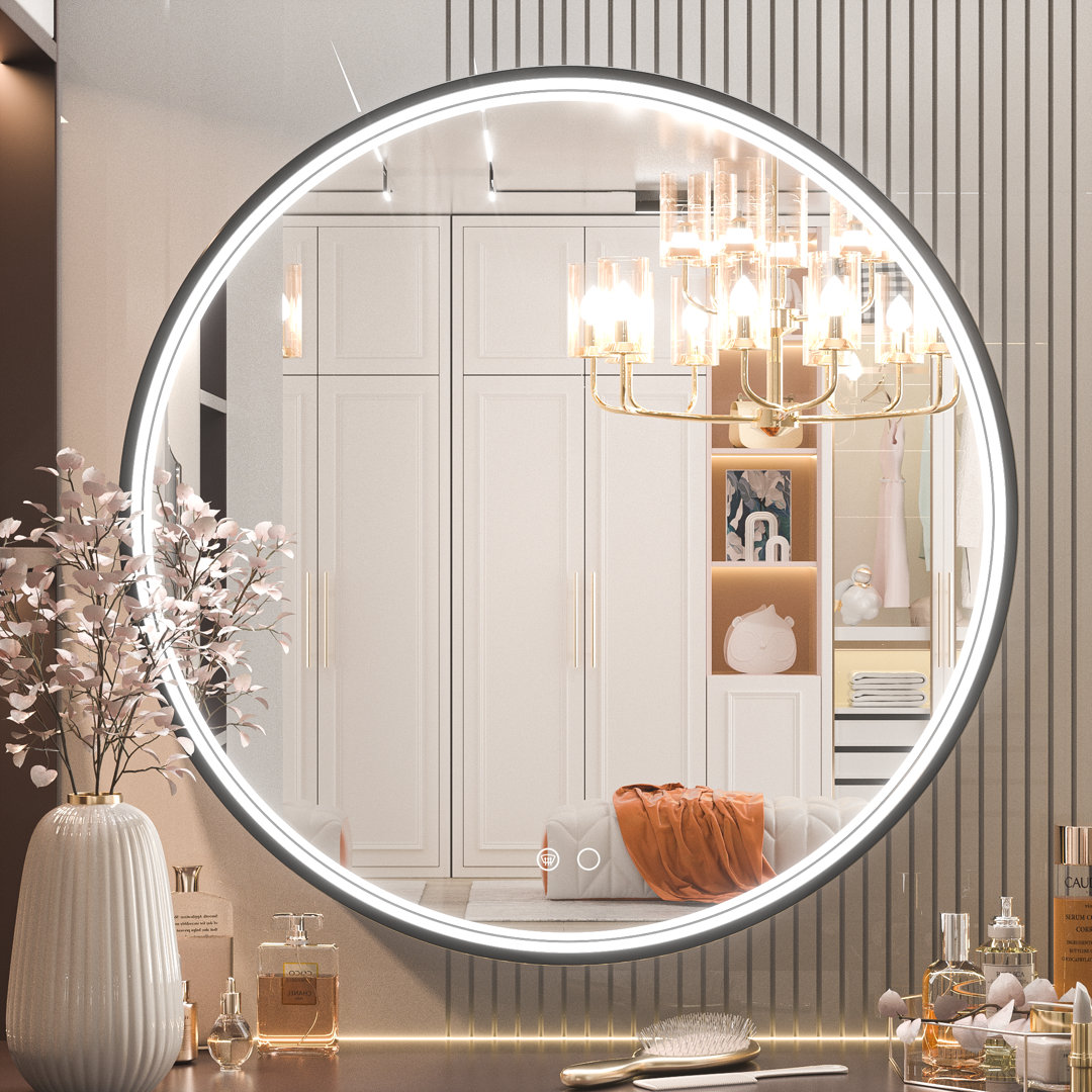 Akhiya Black Metal Frame LED Round Vanity Mirror with Lights, with Anti-Fog Dimmable Function Ivy Bronx 