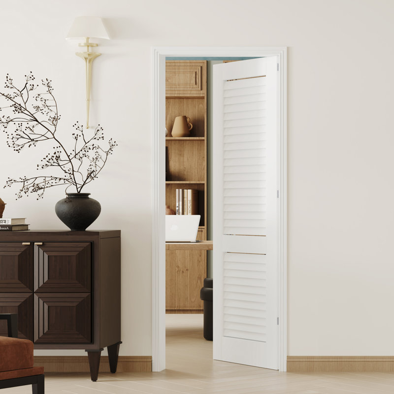 Porte intérieure à persiennes - Panneau de porte en panneau de fibres à densité moyenne blanc avec cadre réglable de style pré-suspendu et quincaillerie (porte et cadre livrés séparément)