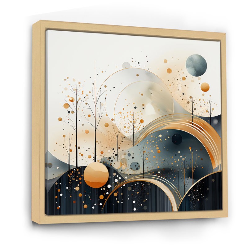 Jaune et noir paysage symphonie II - paysage abstrait, art mural, Cadre flottant brun, H 36 po x l 36 po x P 1,5 po