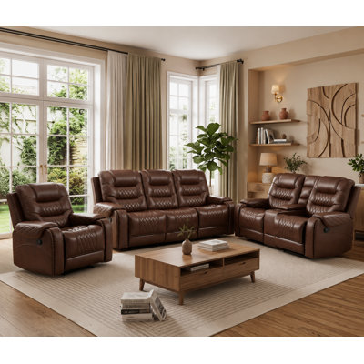 3 - Piece Contemporary Faux Leather Manual Reclining Living Room Set With Storage & Hidden Console