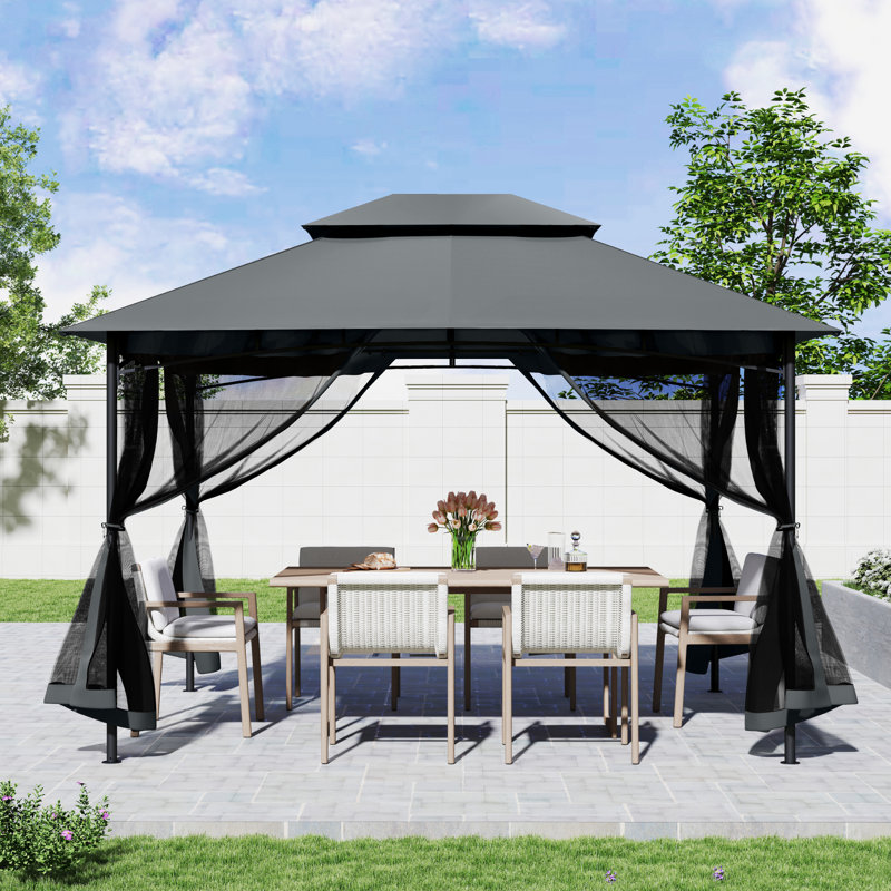 Double Roof Soft Top Metal Patio Gazebo With Netting, Grey, 112.6" H x 141.1" W x 117.5" D