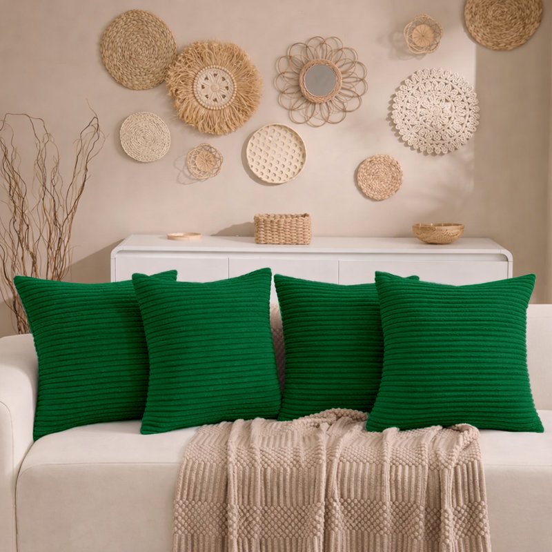 Aspire Homeware Striped Square Velvet Cushion Cover, Emerald, Pack of 4