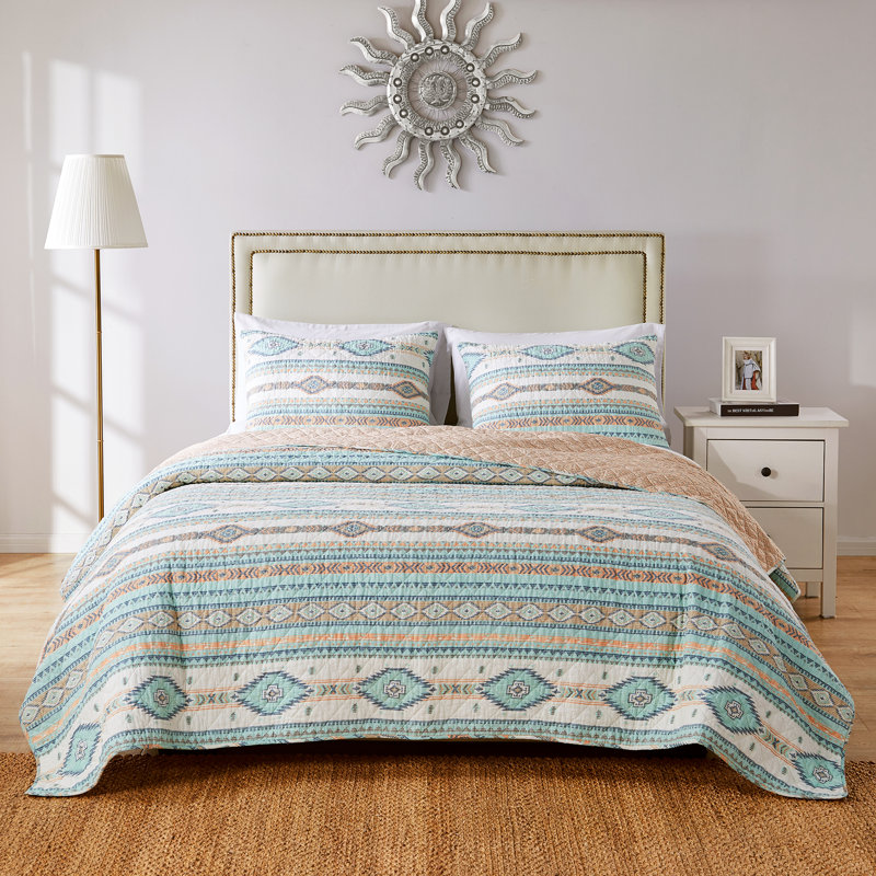 King Size Blue Southwestern Reversible Microfiber Quilt Set