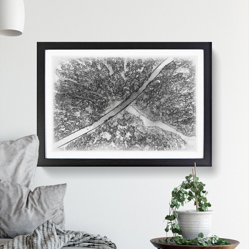 Road Through the Winter Forest Sketch - Picture Frame Graphic Art Print, Black Framed, 45cm H x 63cm W x 2cm D