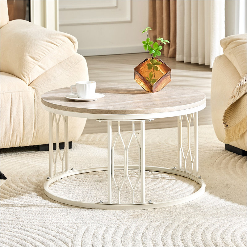 Table basse ronde avec texture effet pierre, diamètre de 27,5 pouces, finition blanche et aspect bois