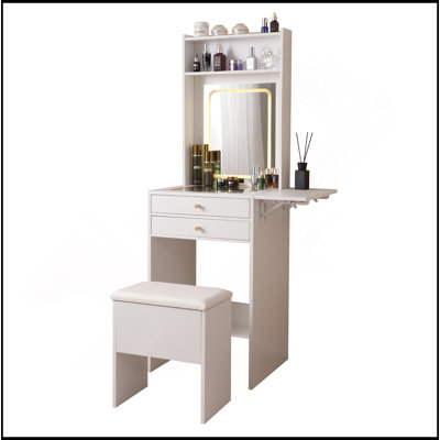 Bureau de coiffeuse avec miroir éclairé, coiffeuse de maquillage avec tiroirs et armoire de rangement pour la chambre à coucher, bureau en verre, luminosité réglable à 3 modes d'éclairage, tabouret de rangement, blanc