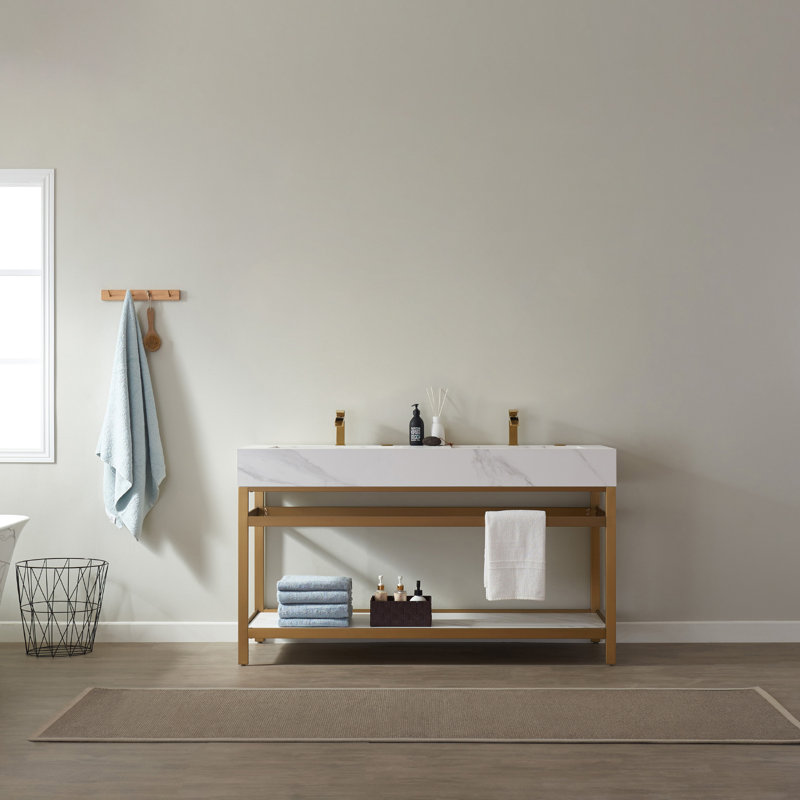 Ensemble de meuble-lavabo double 60 po, Or brossé, Pierre blanche