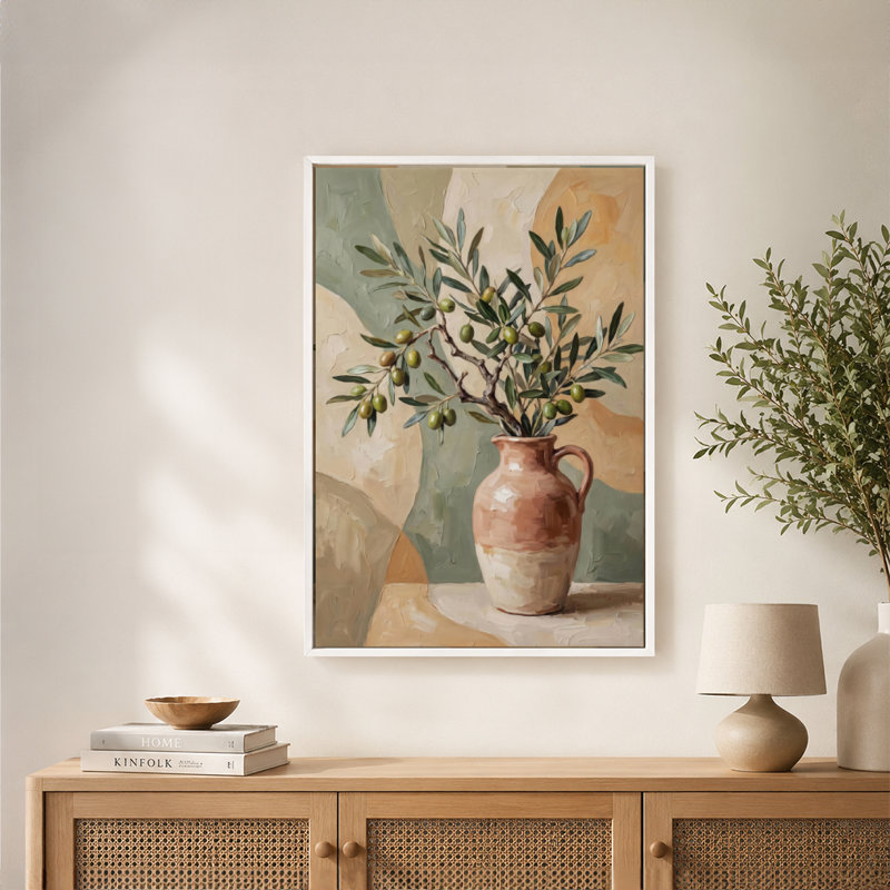 "Olive Branch", vase en terre cuite texturé, art mural sur toile avec cadre flottant, prêt à être accroché, 12x18in, Brown