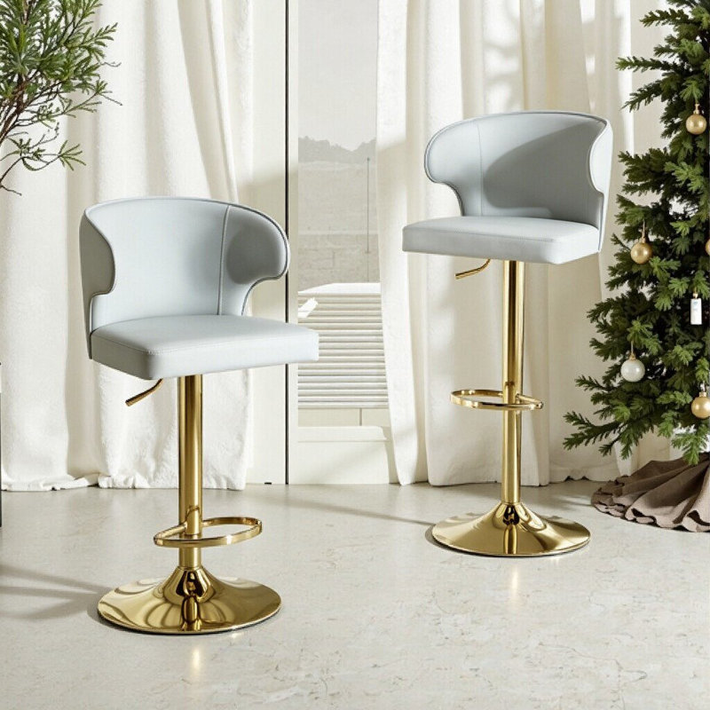 Ensemble de 2 chaises de bar rotatives réglables avec dossier en cuir PU d'une capacité de 300 lb, Doré, gris