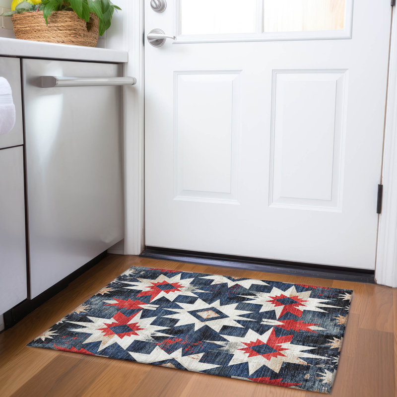 Machine Washable Indoor/Outdoor Xhevrie Navy Rug, Rectangle 1'8" x 2'6"