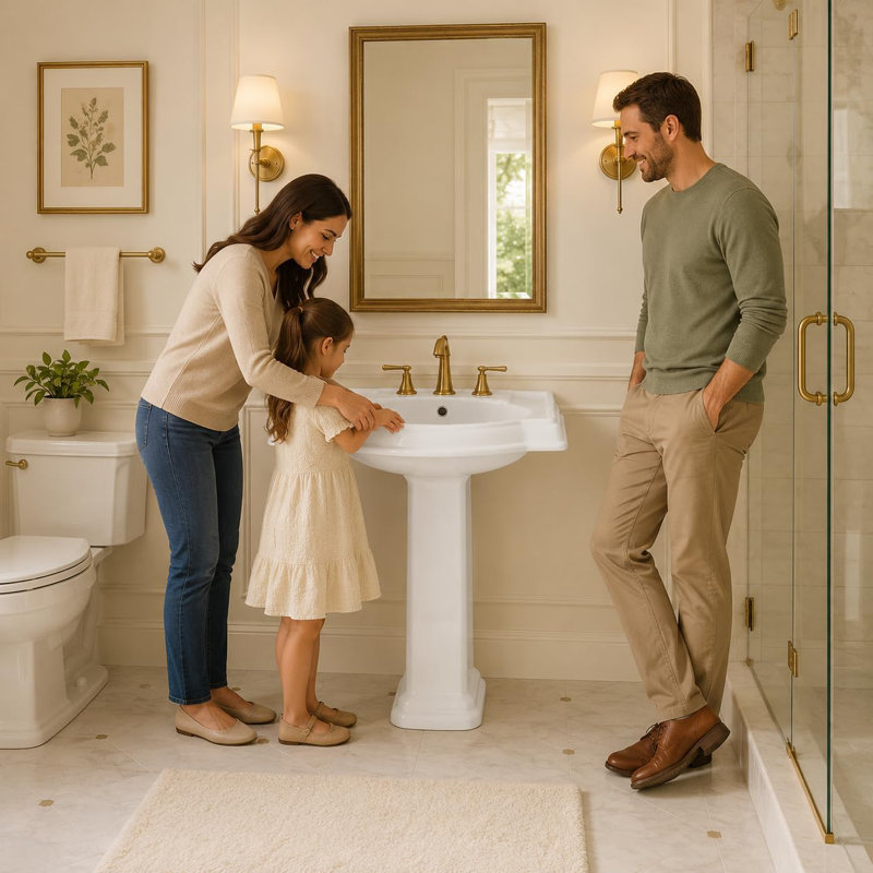 Lavabo de salle de bain piédestal en céramique blanche, lavabo courbé à 3 trous de 4 pouces