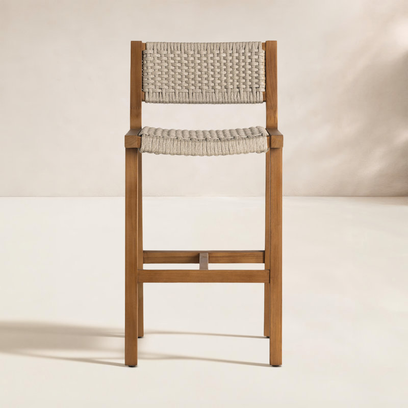 Delano Outdoor Teak Bar Stool, Natural Teak, Ivory Rope, Bar Stool (29" Seat Height)