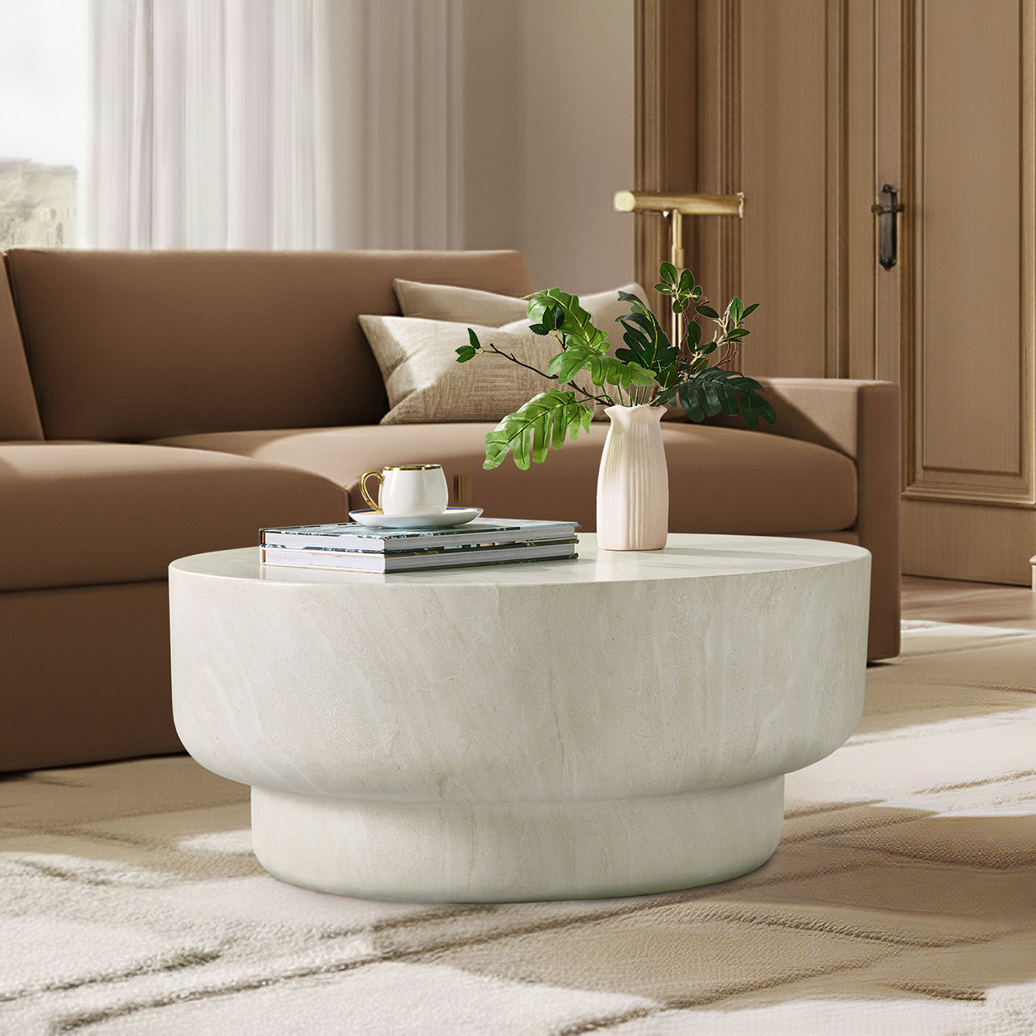 Watterson Amagoya Modern 32"W Marble Concrete Top Full Assembly Round Coffee Table, Beige