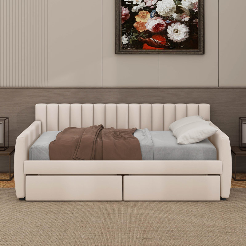Lit de jour simple tapissier avec tiroirs, Beige