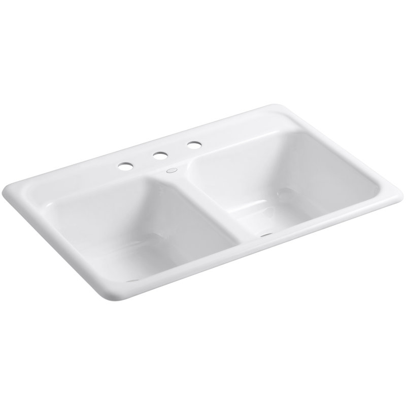 Delafield® Cape Dory 33" L x 22" W x 8-1/2" Top-Mount Double-Equal Kitchen Sink, White, 3 Hole