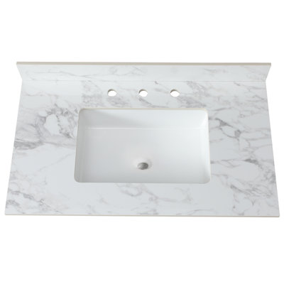Comptoir de meuble-lavabo de salle de bain 37 po x 22 po - Blanc pierre frittée, lavabo encastré en céramique et blanc élégant avec 3 trous de robinet pour l'enchantement
