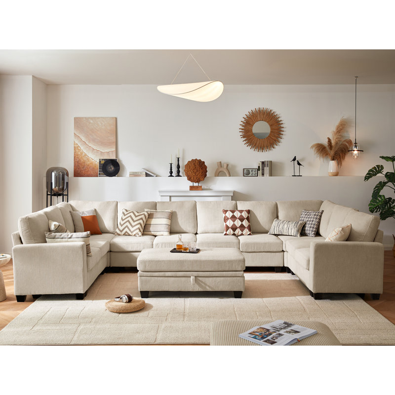 Latitude Run® Modular Sectional Couch| Corduroy U-Shape Sofa Bed Convertible Chaise With Storage Ottoman For Living Room Modern Furniture, 12 Seater Sleeper