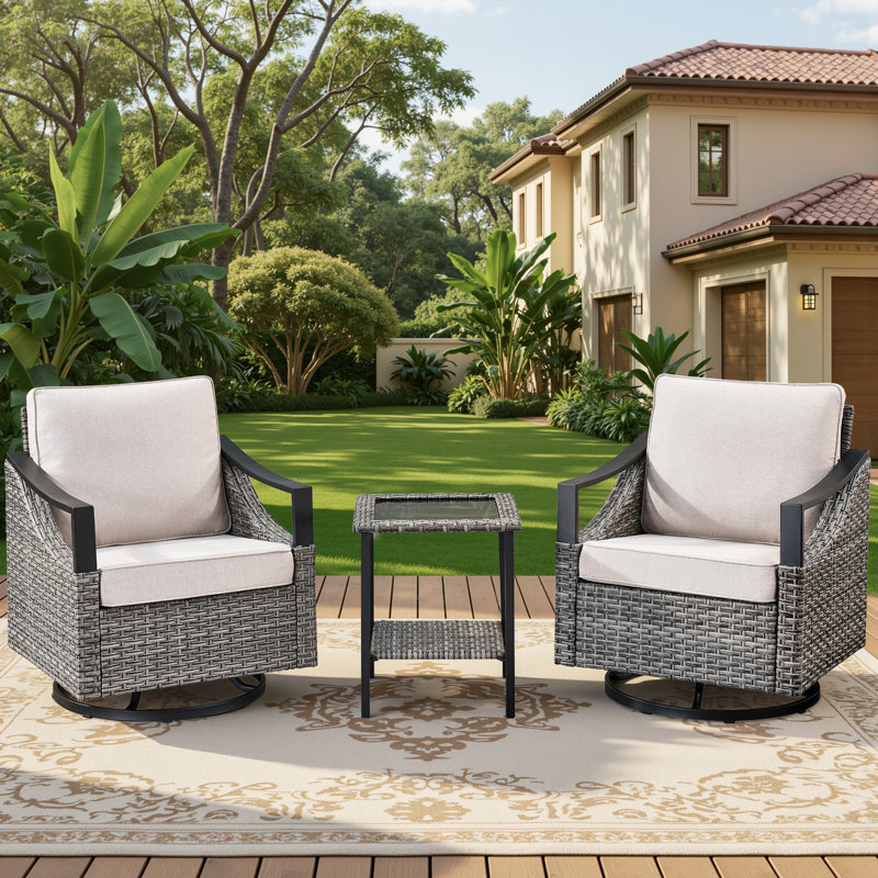 Ensemble de 3 chaises pivotantes en osier pour l'extérieur avec table d'appoint, Beige