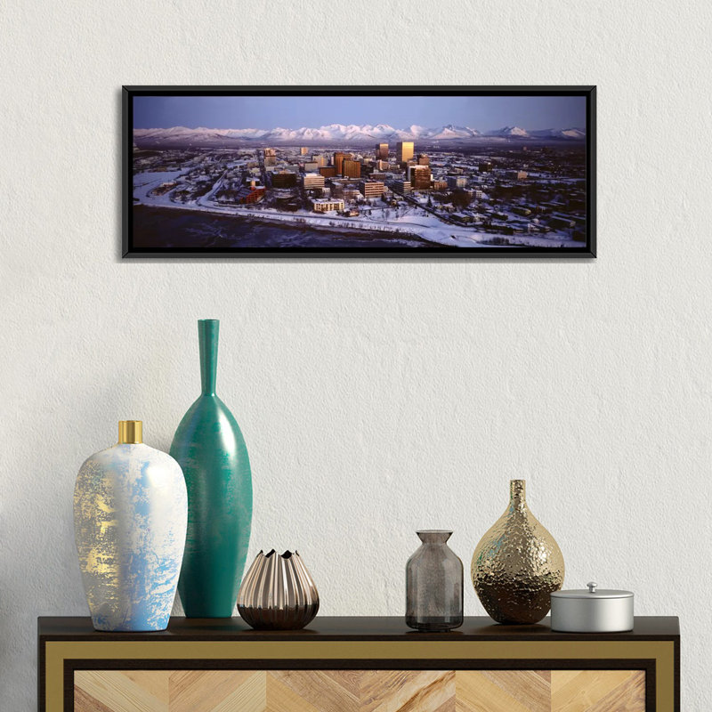 Panoramic Anchorage at the Base of Chugach Mtns AK Photographic Print on Canvas, Black Framed, 12" H x 36" W x 1.5" D