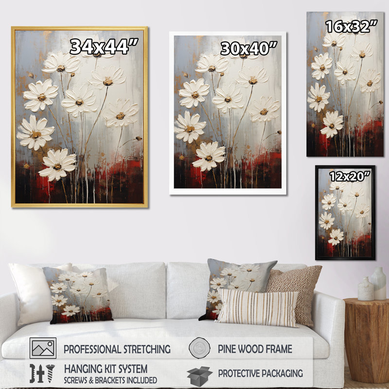 «White Daisy Meadow Elegance VI», reproduction sur toile, Cadre naturel flottant, H 44 po x l 34 po x P 1,5 po