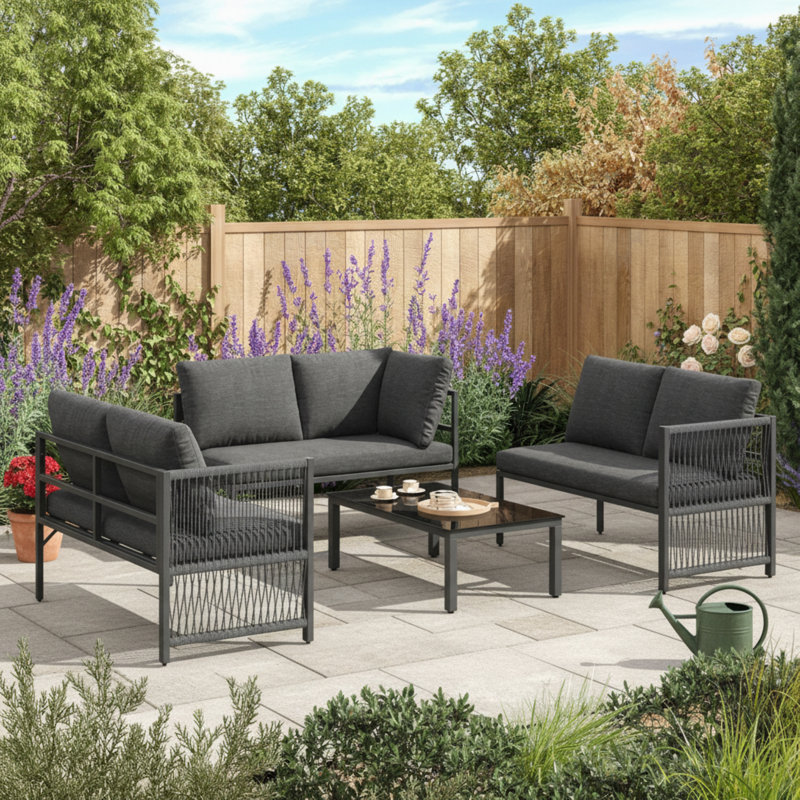5-6 Seat Modular Outdoor Sofa Set With Glass Table & Polyester Rope