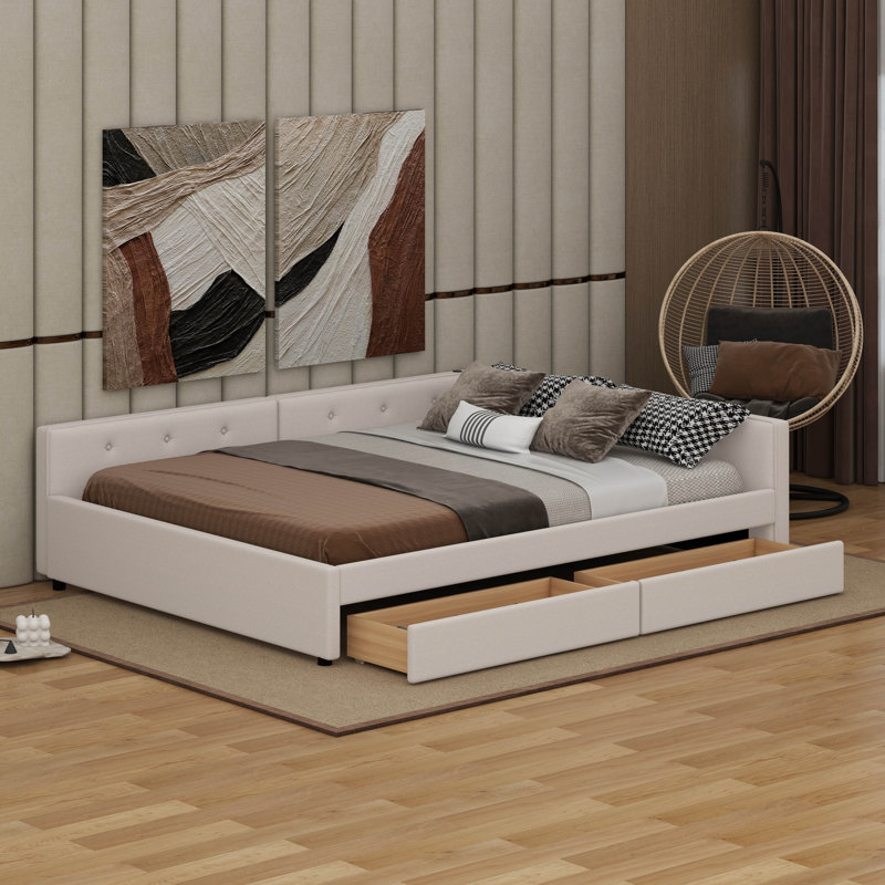 Upholstered Platform Bed With USB And 2 Drawers, Queen