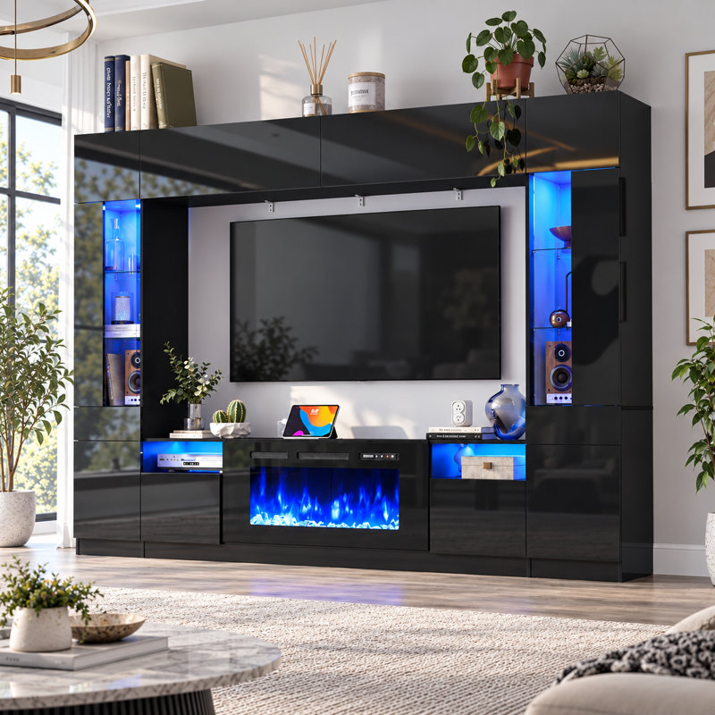 107" Fireplace Wall Unit Entertainment Center With Bookshelves, Modern TV Stand With Storage Shelves & Bridge Cabinet & LED Lights, Media Console For Living Room Home Theater
