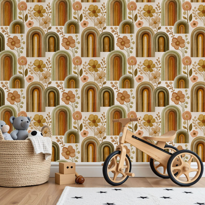 Papier peint adhésif peler et coller en PVC, revêtement mural auto-adhésif amovible avec impression d'aquarelle douce arc-en-ciel botanique, imperméable pour la décoration intérieure - rouleau