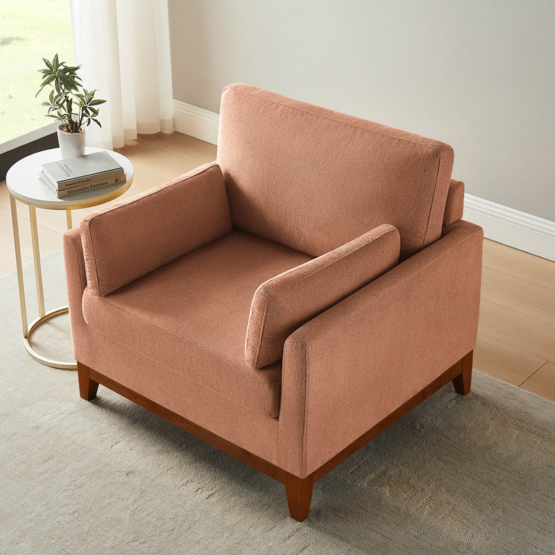 Chenille Accent Chair With Solid Rubberwood Legs, Rustic Orange