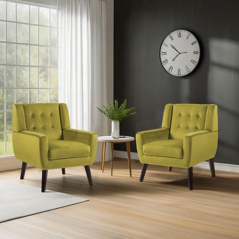 Stephanny 27.5" Wide Tufted Armchair with Solid Wood Legs, Green Velvet