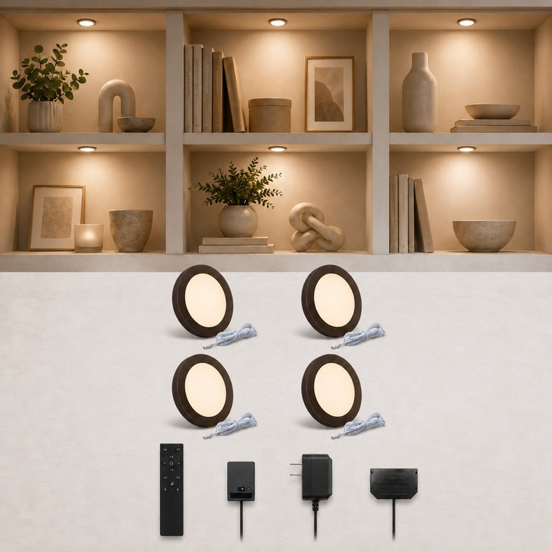 Lumières rondes intelligentes V4light, éclairage encastré sous l'armoire pour la cuisine, le placard et l'étagère, l'application, la commande vocale et manuelle, fonctionne avec Alexa et Google Home, lumière blanche à intensité variable réglable et chaude (paquet de 4)