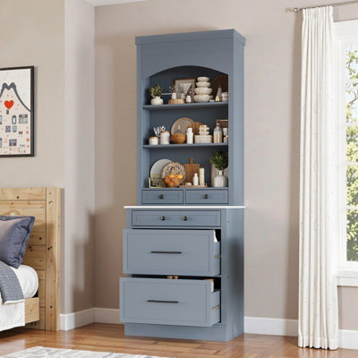 Grand garde-manger autoportant de 83,7 po avec comptoir en faux marbre, 5 tiroirs de rangement et tablettes réglables - Huche de rangement gris campagne