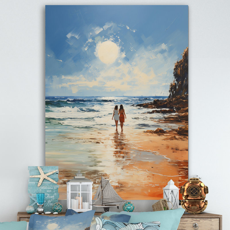 Plage balnéaire balade pointillisme sur toile, H 44 po x l 34 po x P 1,5 po, Toile tendue