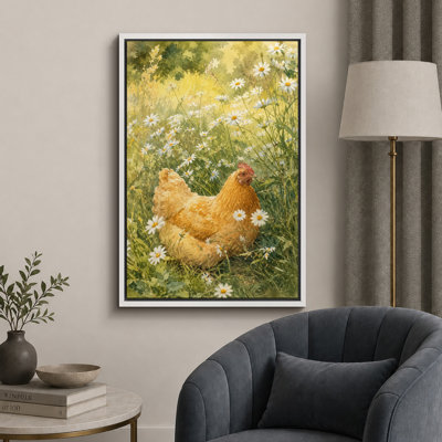 «Golden Hen in Sunlit Daisy Meadow», art de cuisine, impression sur toile encadrée
