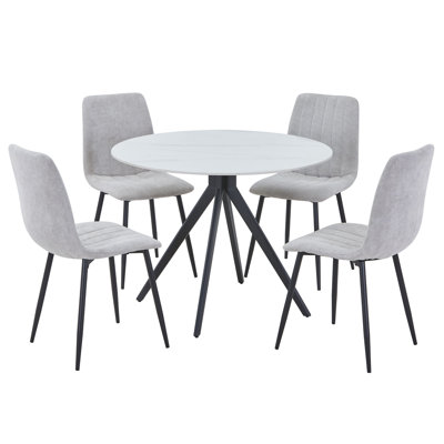 Aspen Sintered Stone Round Table with 4 Straight Stitch Upholstered Fabric Chairs - Modern Dining Set
