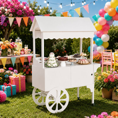 Candy Cart With Wheels For Party, White Rolling Dessert Cart With Storage Cabinet, Vintage Flower Cart Plant Stand On Wheels For Wedding Reception, Birthday, And Event Decor (pvc)