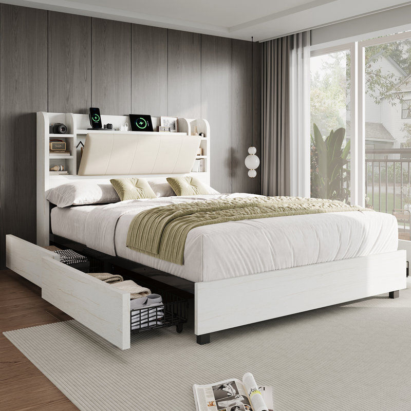 Structure de lit tapissier 47,2 po avec 4 tiroirs de rangement, blanc, Double, Blanc