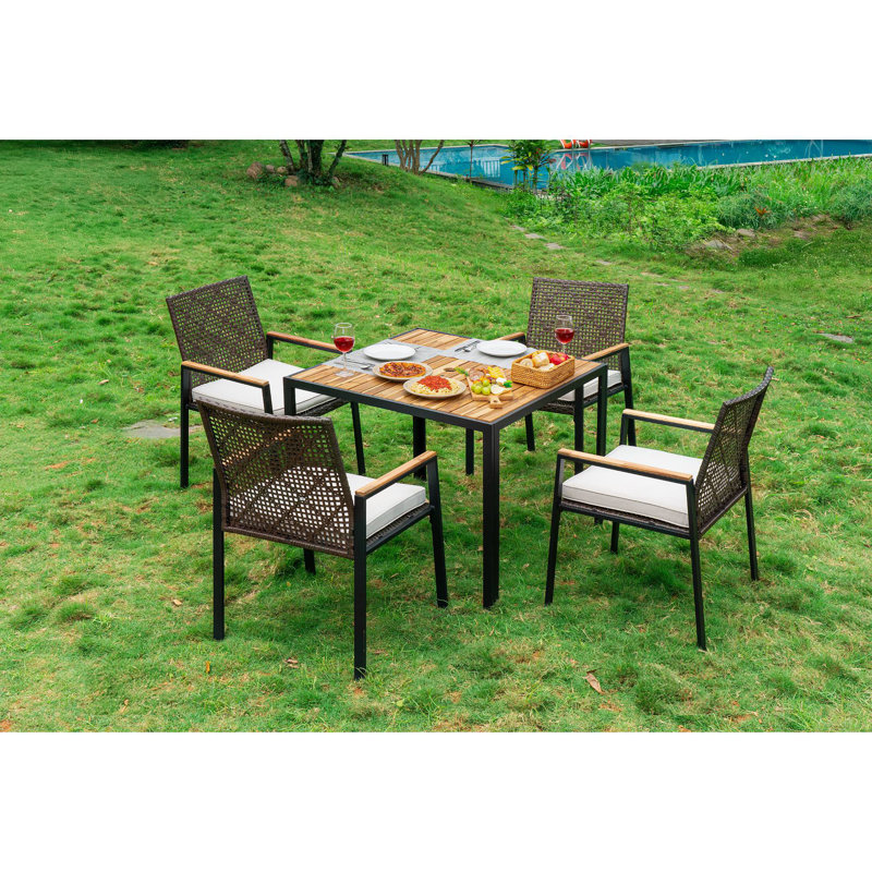 All Weather 5-Piece Patio Dining Table Sets, Patio Conversation Set Acacia Wood Table Top With Umbrella Hole, Rattan Outdoor